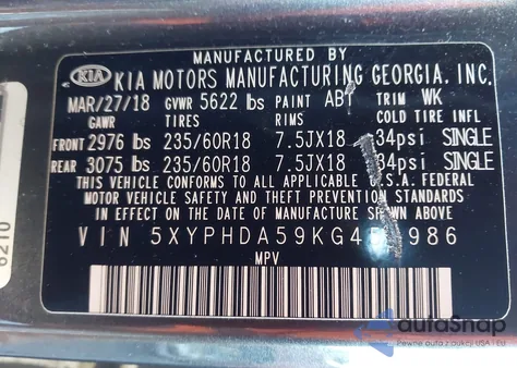 2019 Kia Sorento 3.3L Ex z USA, uszkodzony, nr VIN 5XYPHDA59KG452986